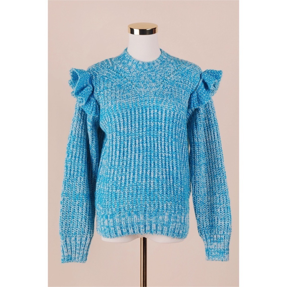 Sz S Greylin Ruth Knit Two Tone Aqua & White Ruffle Sleeve High Neck Sweater GUC
